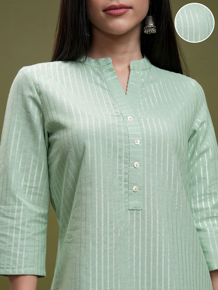 Vishudh Green Striped Mandarin Collar Pure Cotton Straight Kurta With Trousers