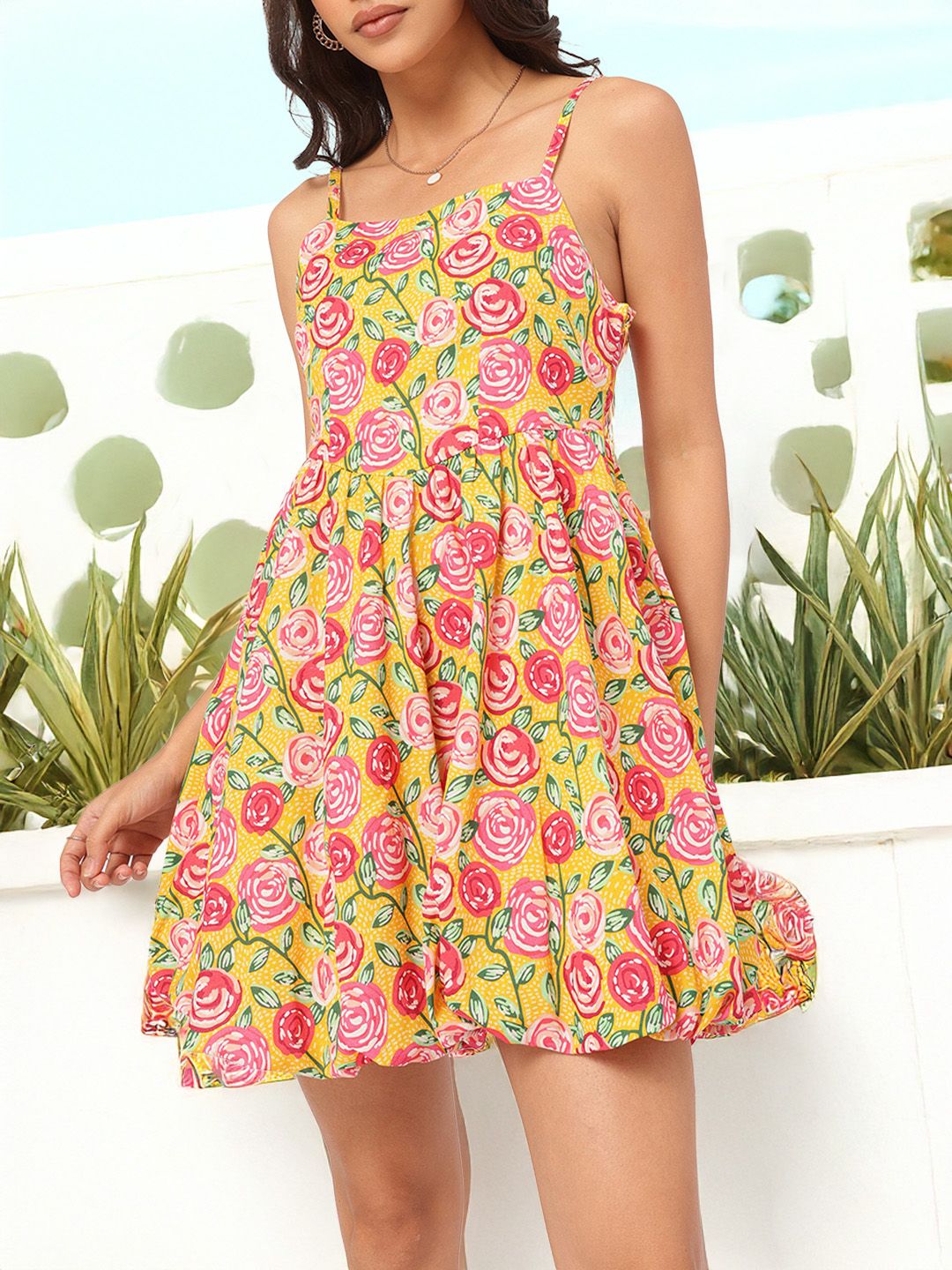 DressBerry Sweet & Subtle Floral Printed Shoulder Straps A-Line Mini Dress