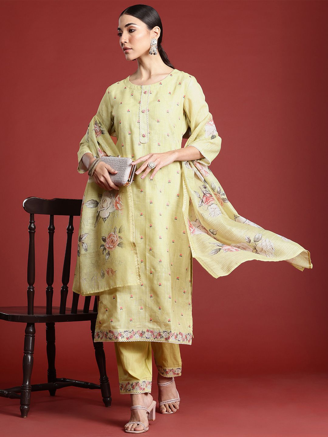 Indo Era Floral Embroidered Thread Work Linen Kurta with Trousers & With Dupatta