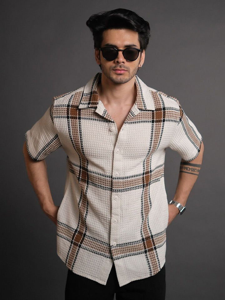 Powerlook Off White India Slim Tartan Checked Cuban Collar Short Sleeves Shacket