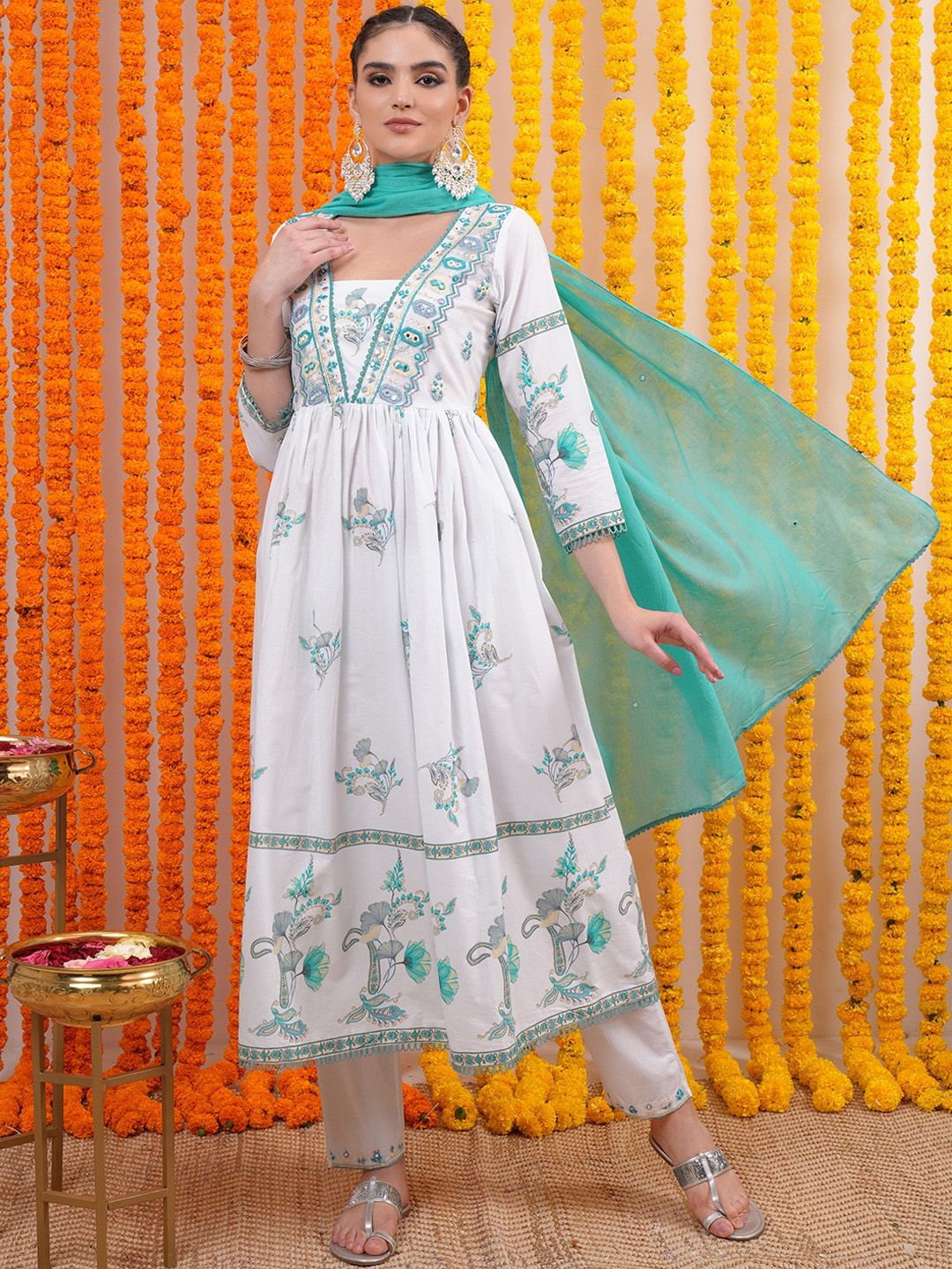 Vishudh White Floral Printed Empire Thread Work Pure Cotton Kurta with Trousers & Dupatta