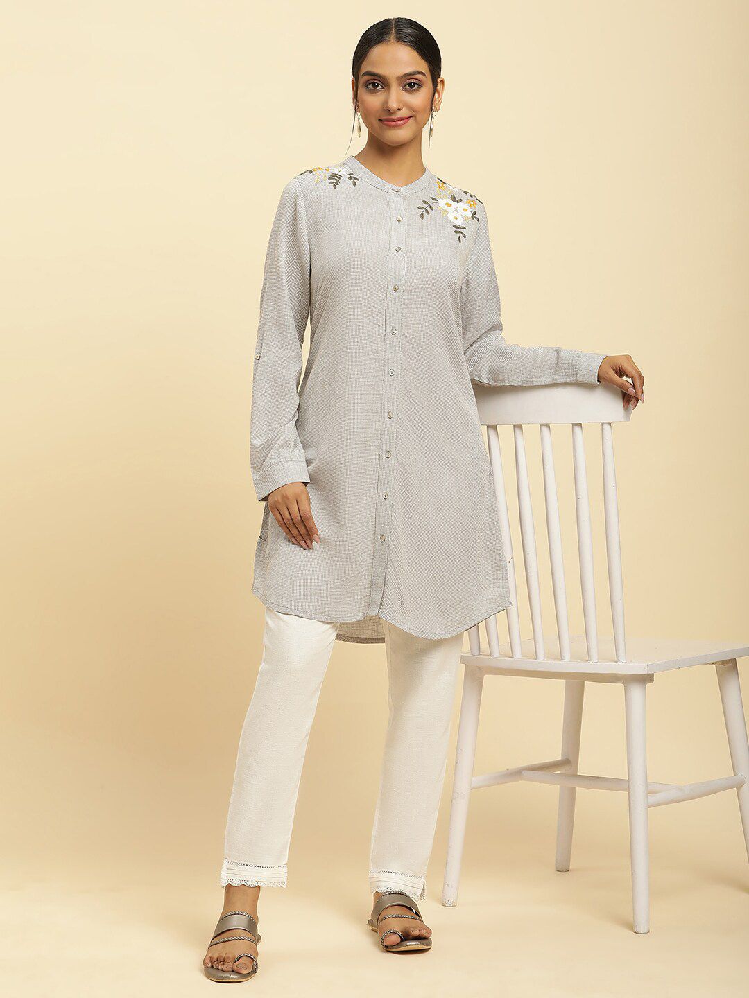 W Checked Collar Checked Band Collar Long Sleeve A-Line Kurta
