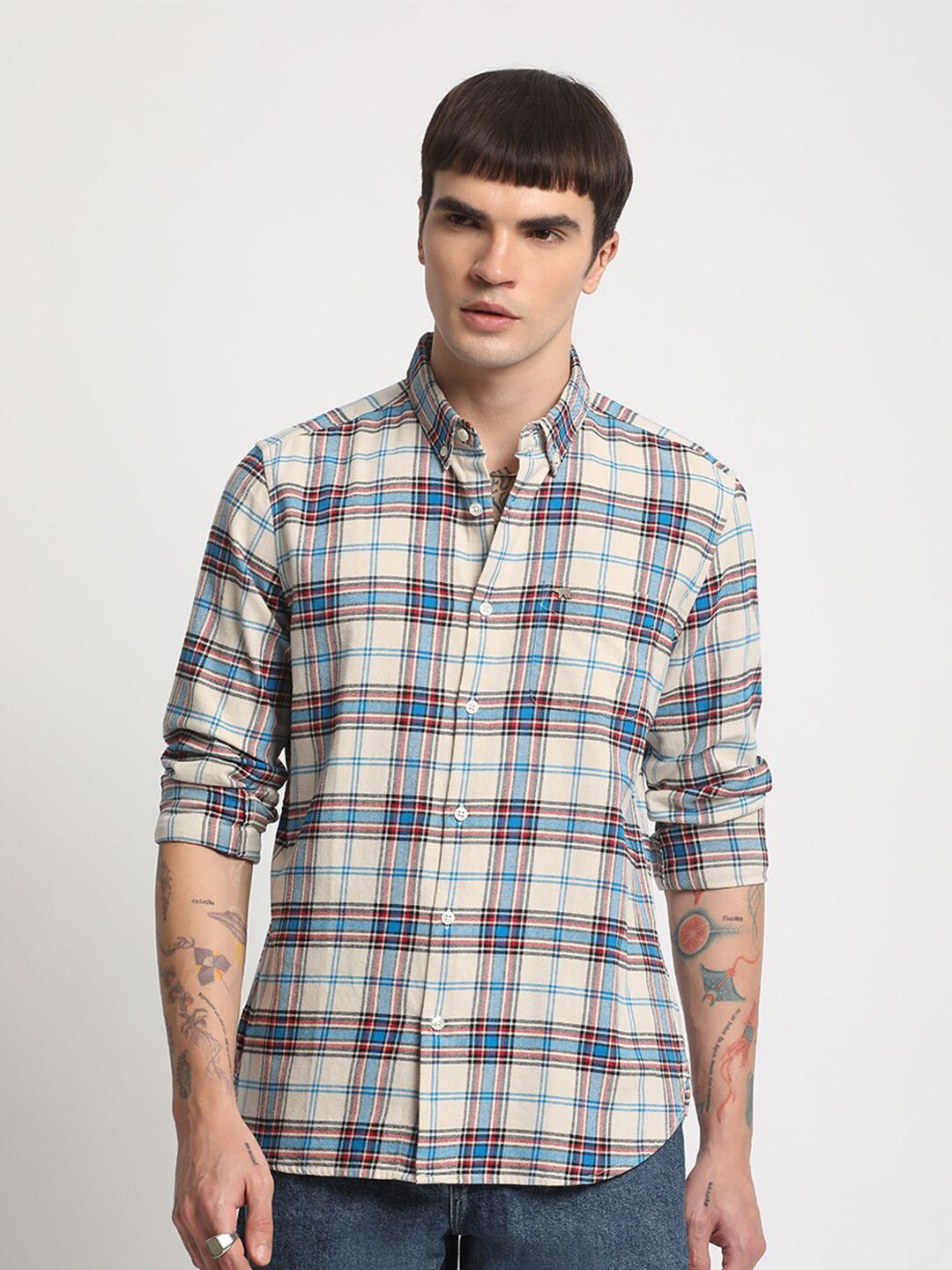 THE BEAR HOUSE Slim Fit Tartan Checks Opaque Checked Cotton Casual Shirt