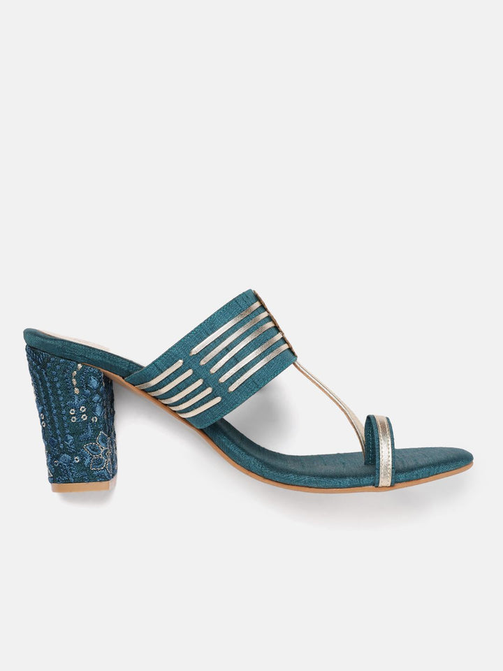 House of Pataudi Ethnic Embellished Open Toe Block Sandals