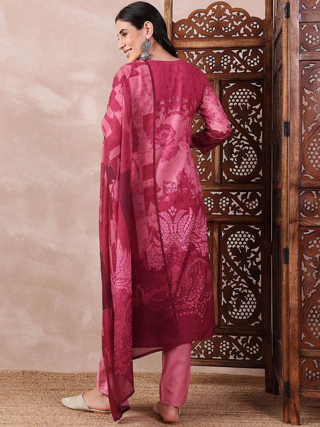 KALINI Floral Printed Thread Work V-Neck Straight Kurta With Trouser And Dupatta