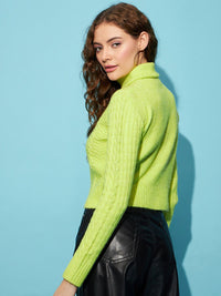 STREET 9 Green Cable Knit Self Design Turtle Neck Acrylic Crop Pullover Sweater