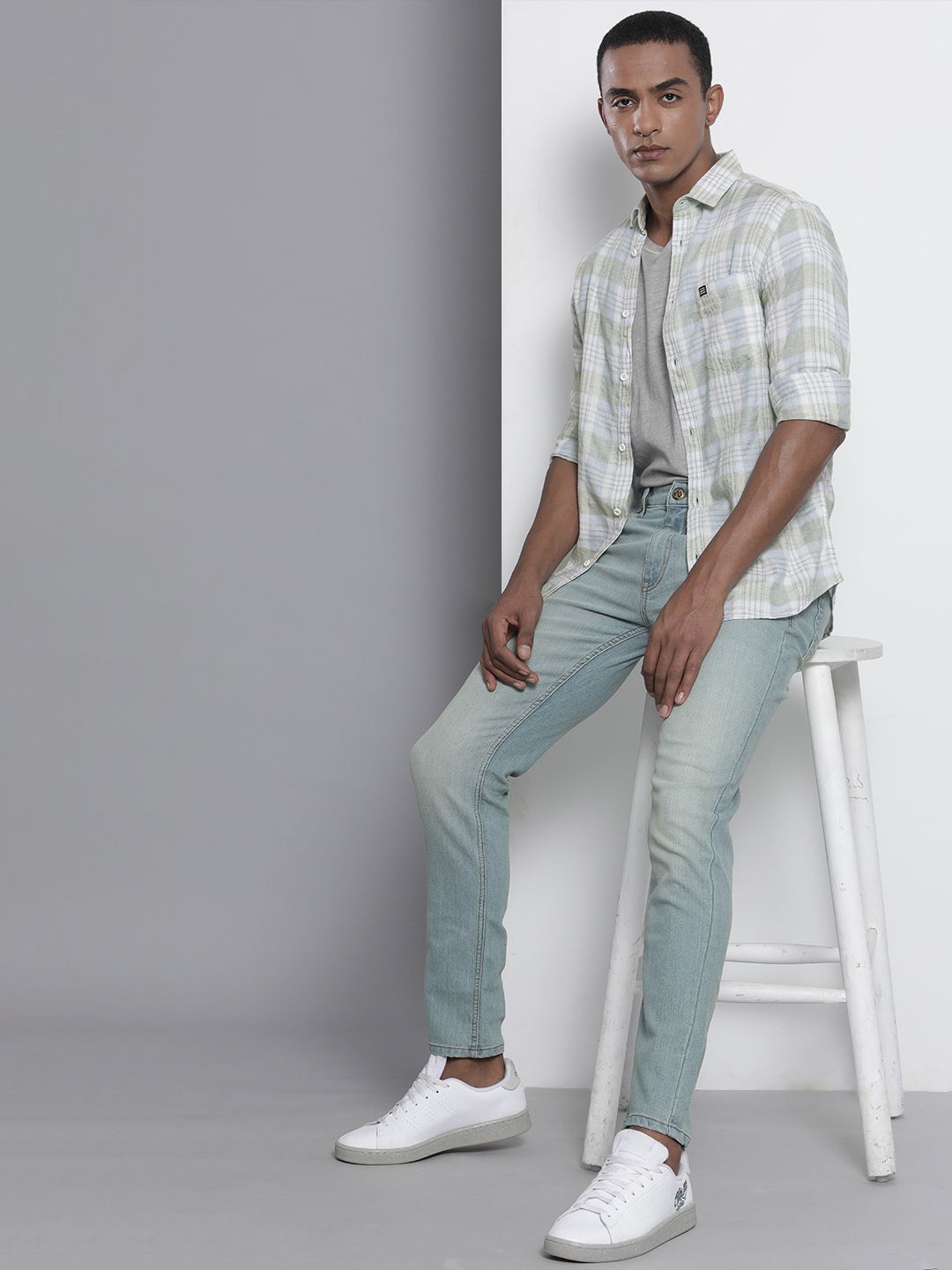 The Indian Garage Co Men Pista Green Regular Fit Opaque Checked Cotton Shirt with Pocket