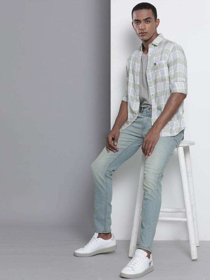 The Indian Garage Co Men Pista Green Regular Fit Opaque Checked Cotton Shirt with Pocket