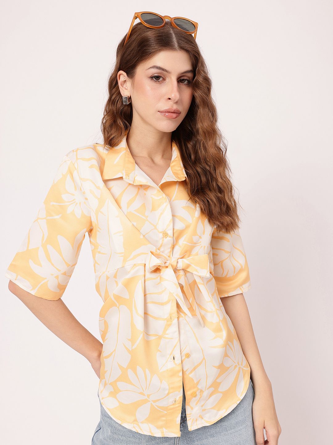 DressBerry Summer Anthem Tropical Printed Front Tie Up Shirt