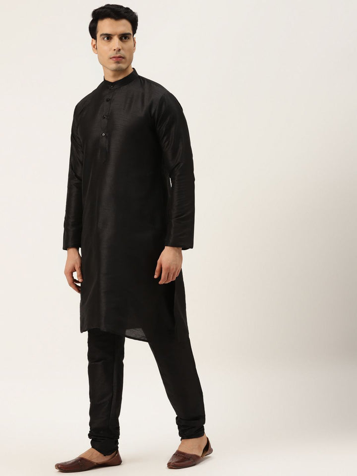 SOJANYA Men Black & Rust Orange Solid Kurta with Churidar & Printed Jacket