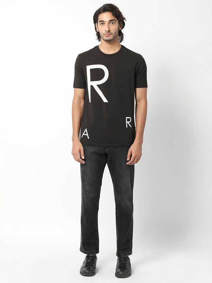 RARE RABBIT Men Drover Typography Printed Slim Fit Cotton T-Shirt