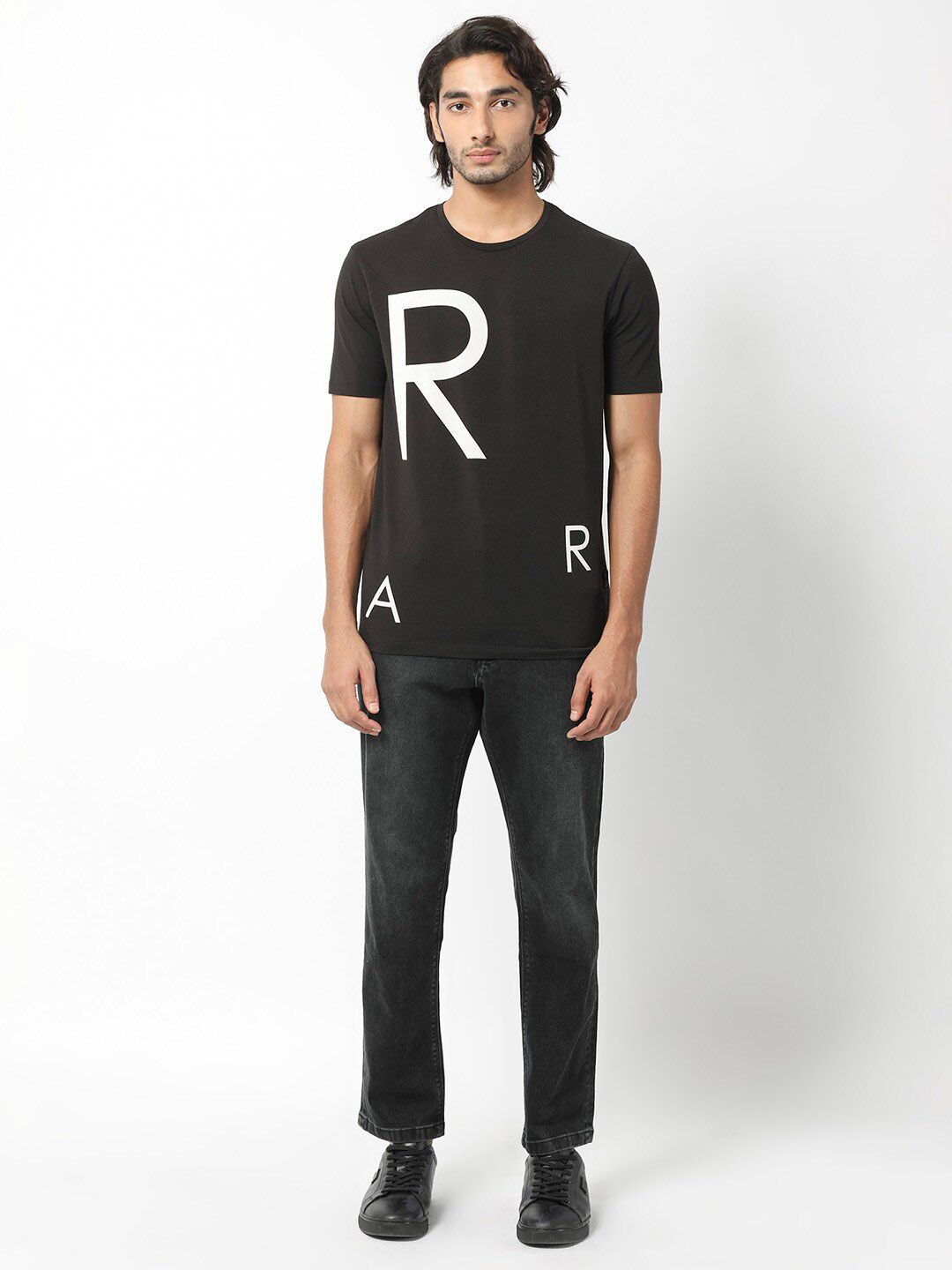 RARE RABBIT Men Drover Typography Printed Slim Fit Cotton T-Shirt