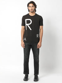 RARE RABBIT Men Drover Typography Printed Slim Fit Cotton T-Shirt