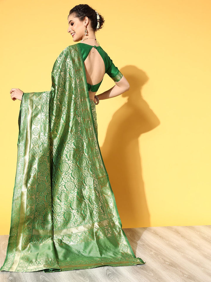 Saree mall Green & Golden Woven Design Banarasi Saree