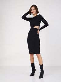 SASSAFRAS Black Ribbed Cut-Out Sheath Dress