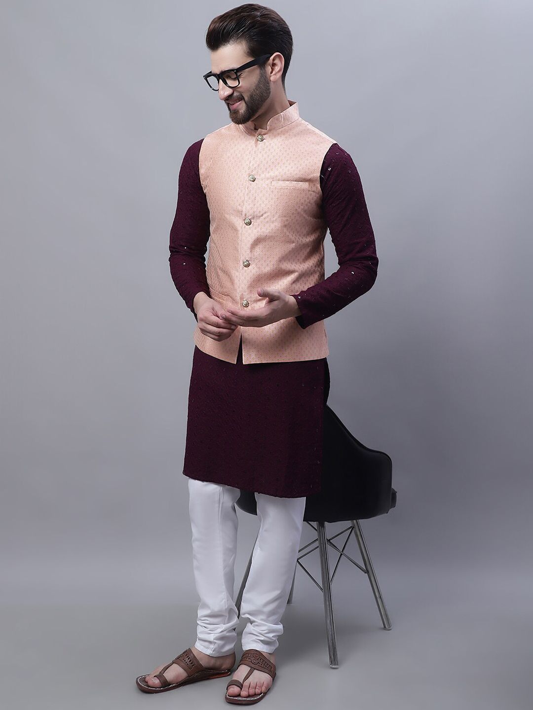 SOJANYA Embroidered Sequined Pure Cotton Kurta With Churidar With Nehru Jacket