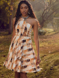 Mamicha Abstract Printed Halter Neck Crepe Fit & Flare Dress