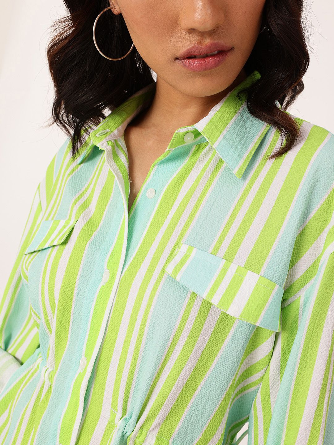 DressBerry Striped Cinched Waist Seersucker Shirt Style Dress