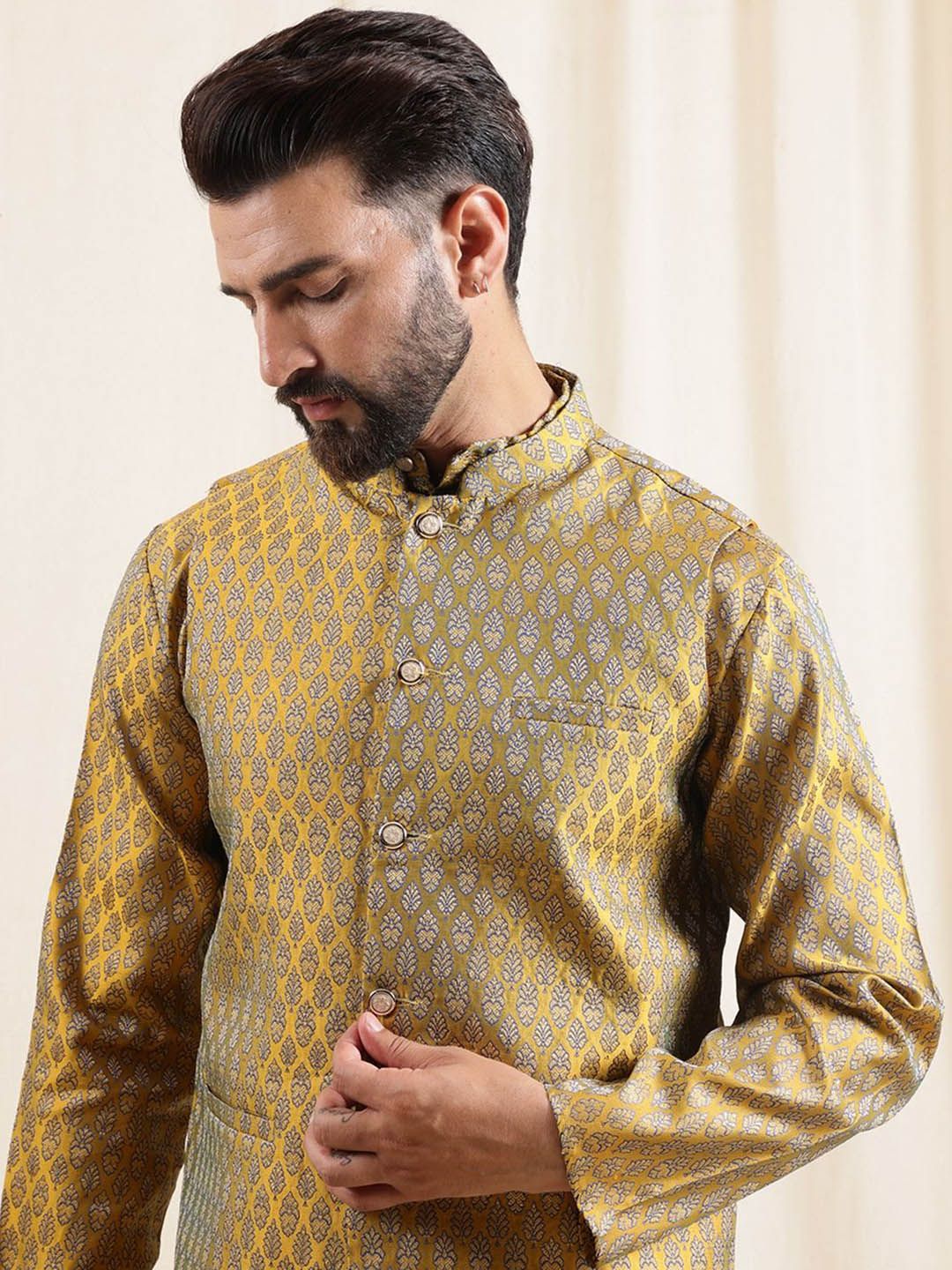 Anouk Men Ethnic Woven Design Band Collar Regular Kurta With Pyjamas