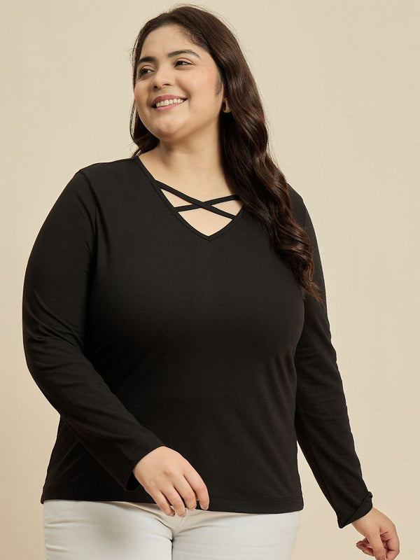 CURVY STREET Women Solid V-Neck Cotton Plus Size T-shirt