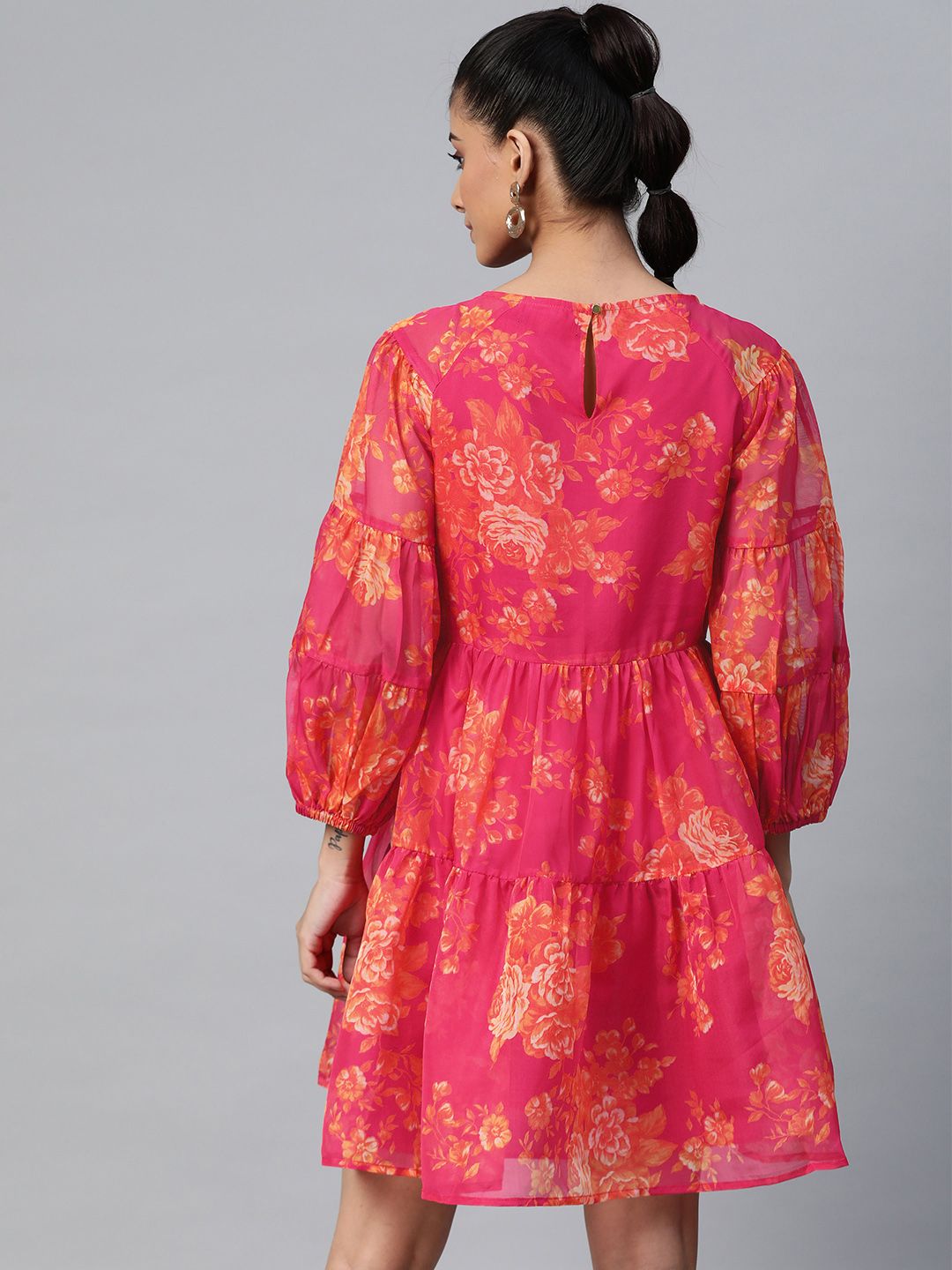 SASSAFRAS Pink & Orange Floral Printed Tiered A-Line Dress With Puff Sleeves