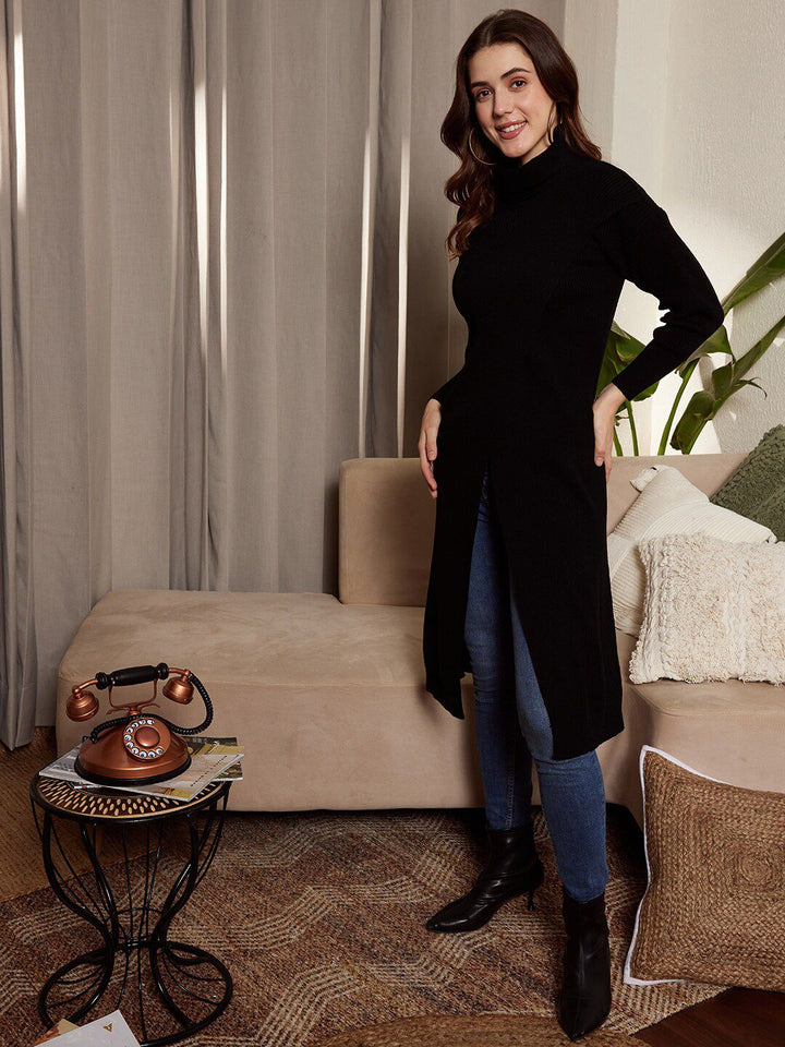 Berrylush Ribbed Turtle Neck Drop Shoulder Split Hem Longline Pullover Sweater