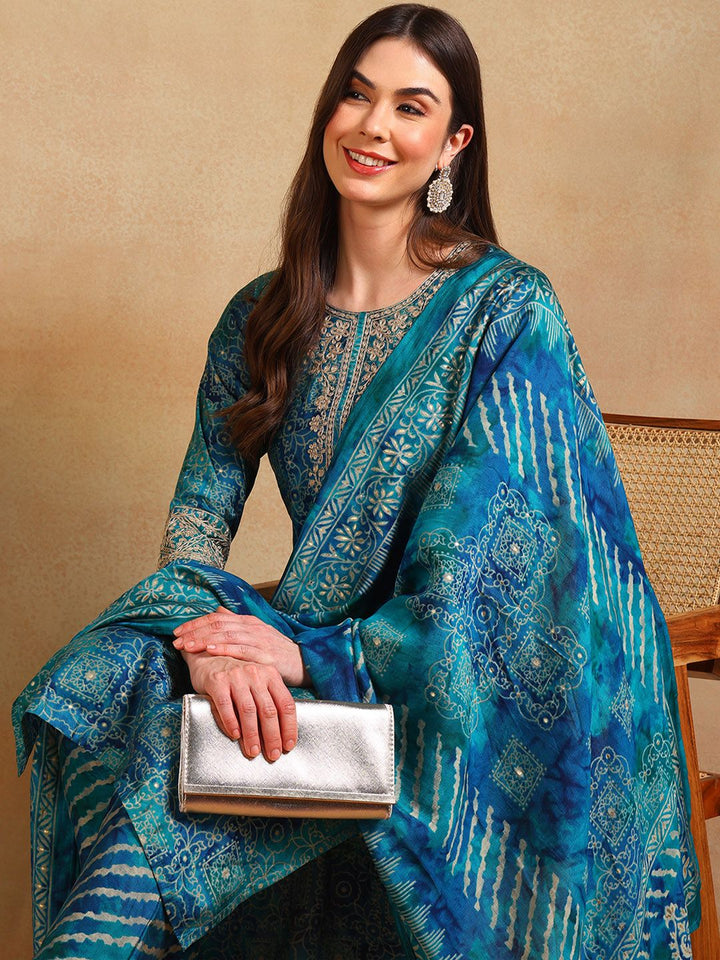 KALINI Ethnic Motifs Printed Thread Work Straight Kurta With Trouser & Dupatta