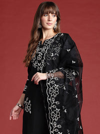 Indo Era Floral Embroidered Thread Work Kurta With Trousers & Dupatta