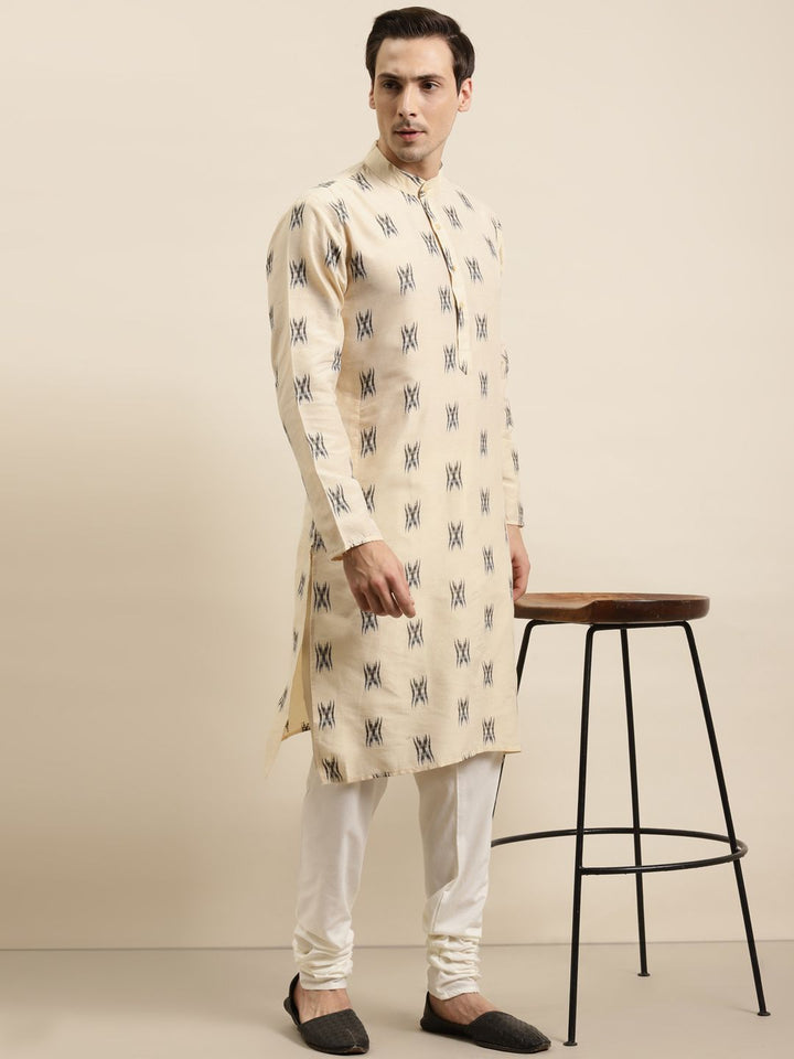 Sojanya Men Beige & Black Ikat Woven Design Pure Cotton Kurta