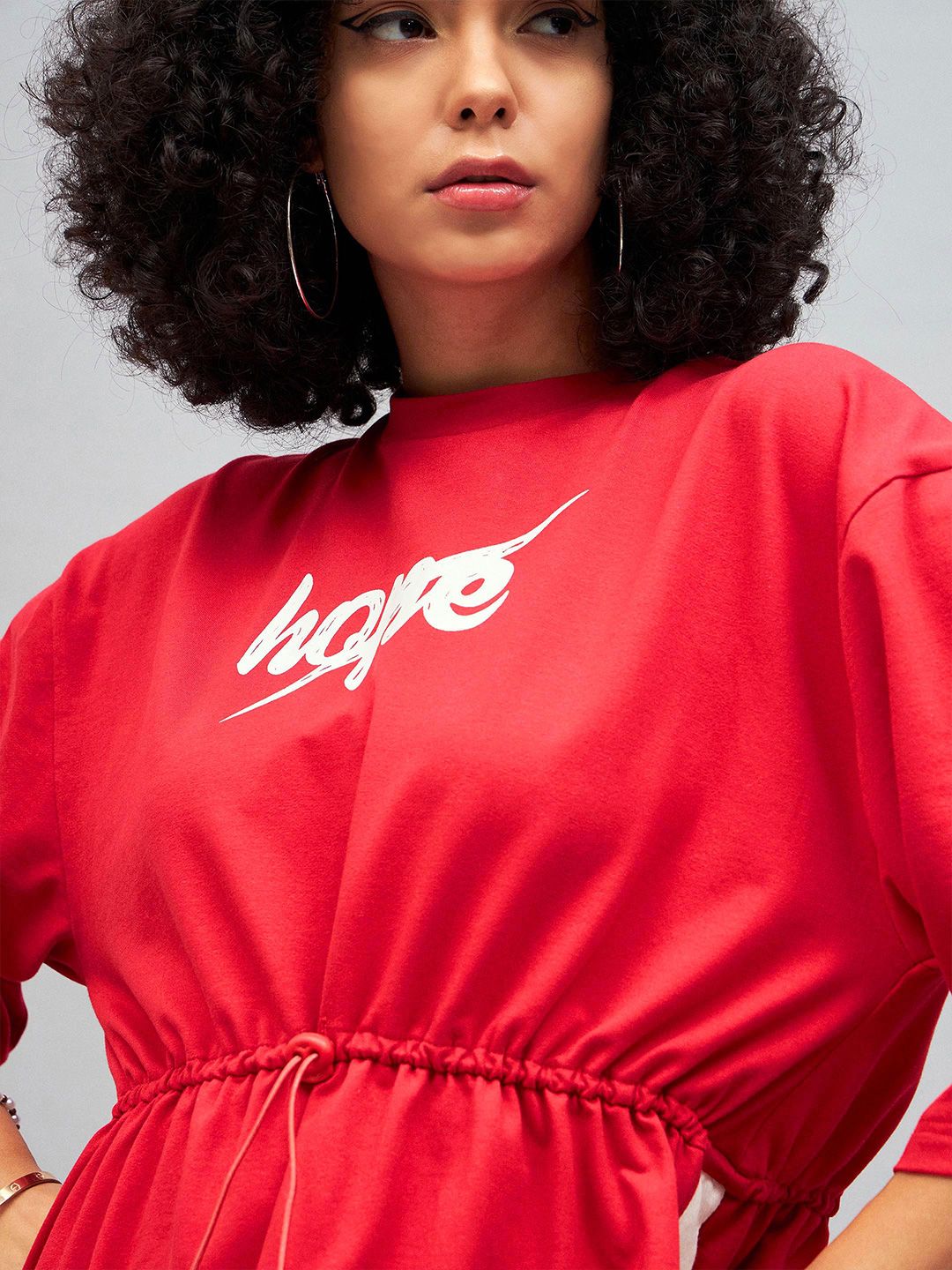 SASSAFRAS Red Knitted Hope Typography Printed Cotton T-shirt Mini Dress