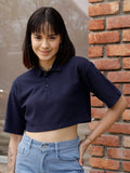 STREET 9 BASICS Navy Blue Polo Collar Drop Shoulder Sleeves Crop Pure Cotton Oversized T-shirt