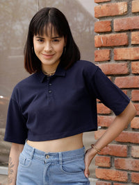 STREET 9 BASICS Navy Blue Polo Collar Drop Shoulder Sleeves Crop Pure Cotton Oversized T-shirt