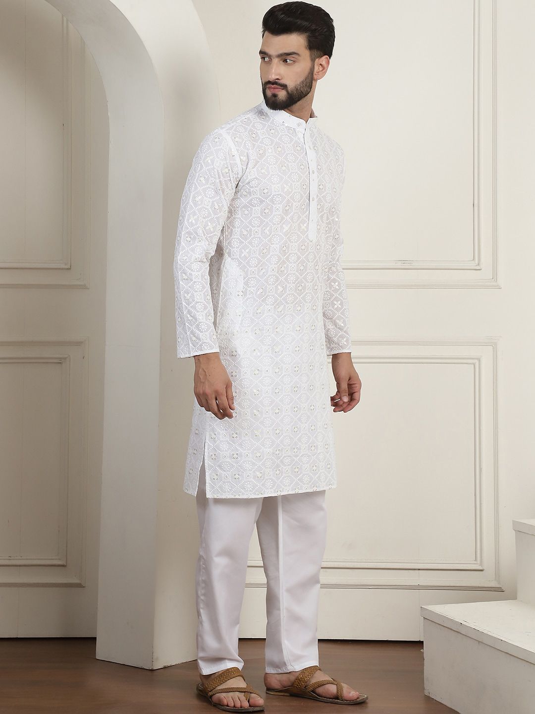 SOJANYA Ethnic Motifs Embroidered Mandarin Collar Sequined Pure Cotton Straight Kurta