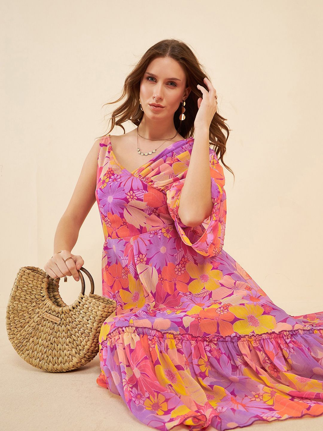 Antheaa Pink Floral Printed V-Neck Gathered Detailed Chiffon Fit & Flare Midi Dress