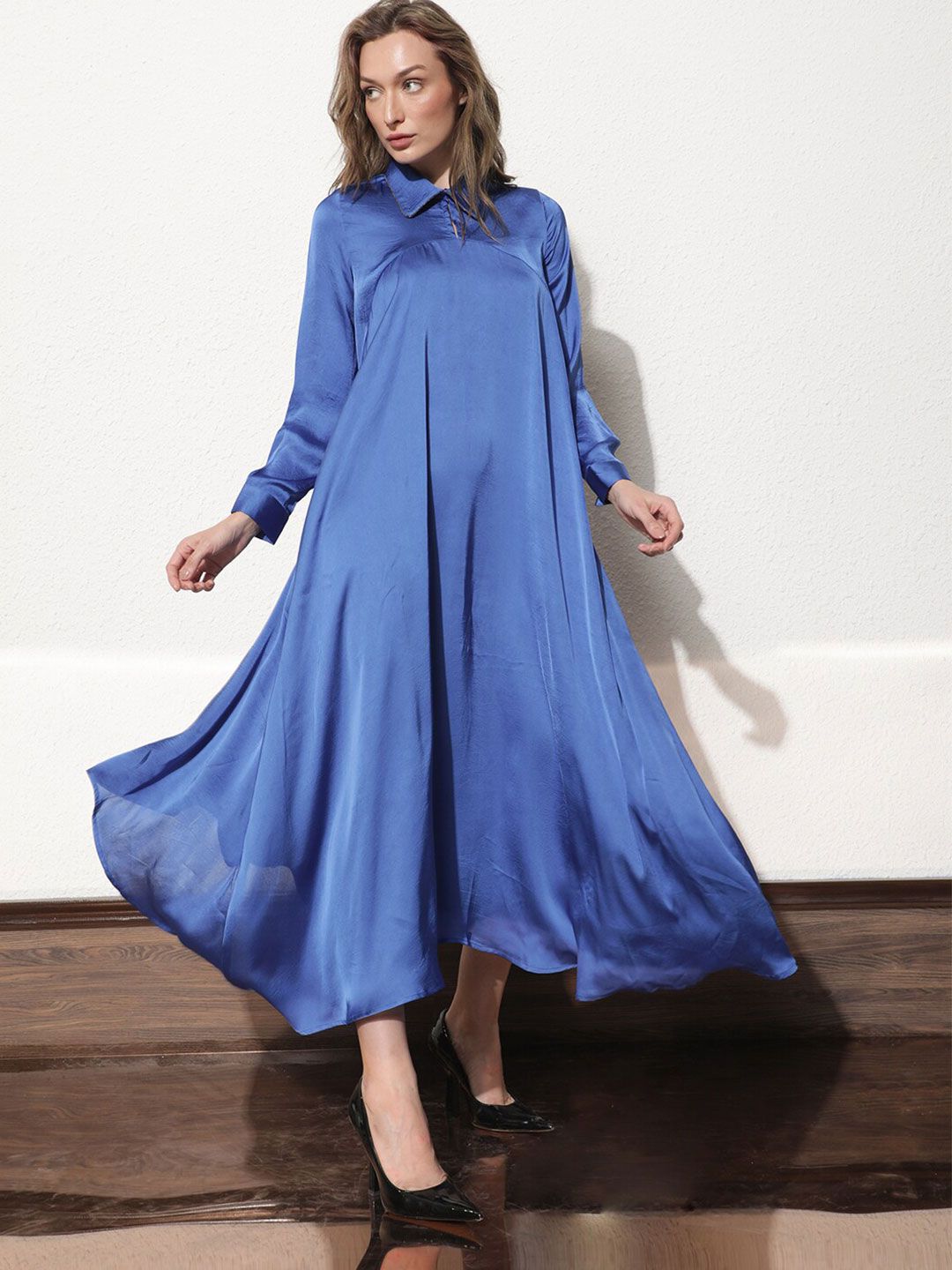 Rareism Shirt Collar A-Line Midi Dress