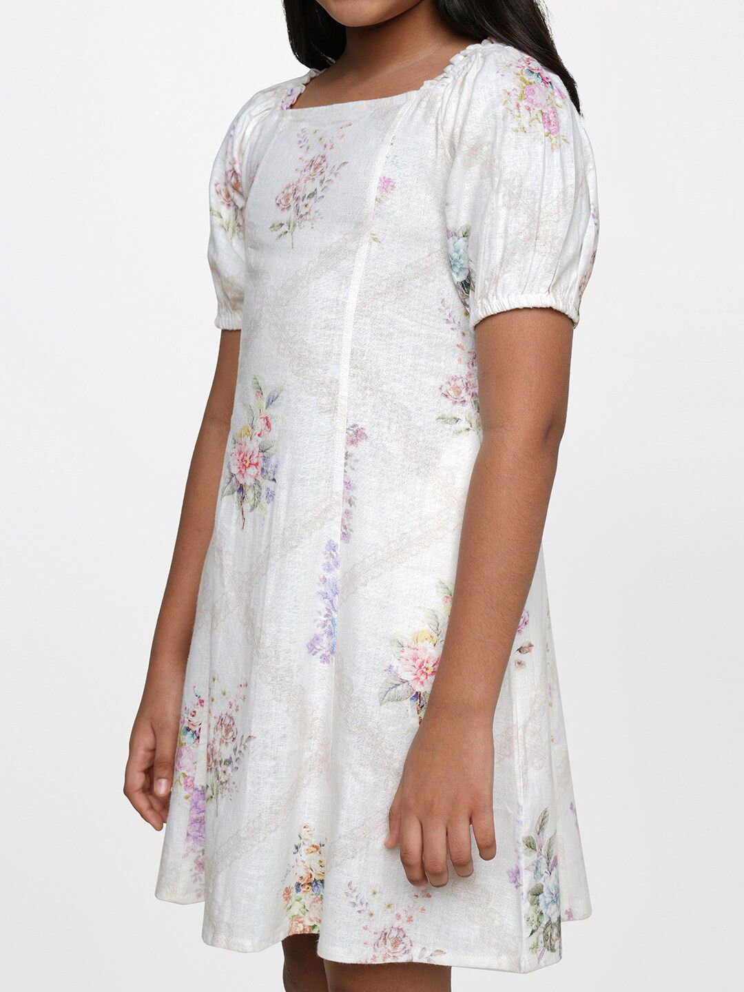 AND Girls White Floral Linen A-Line Dress