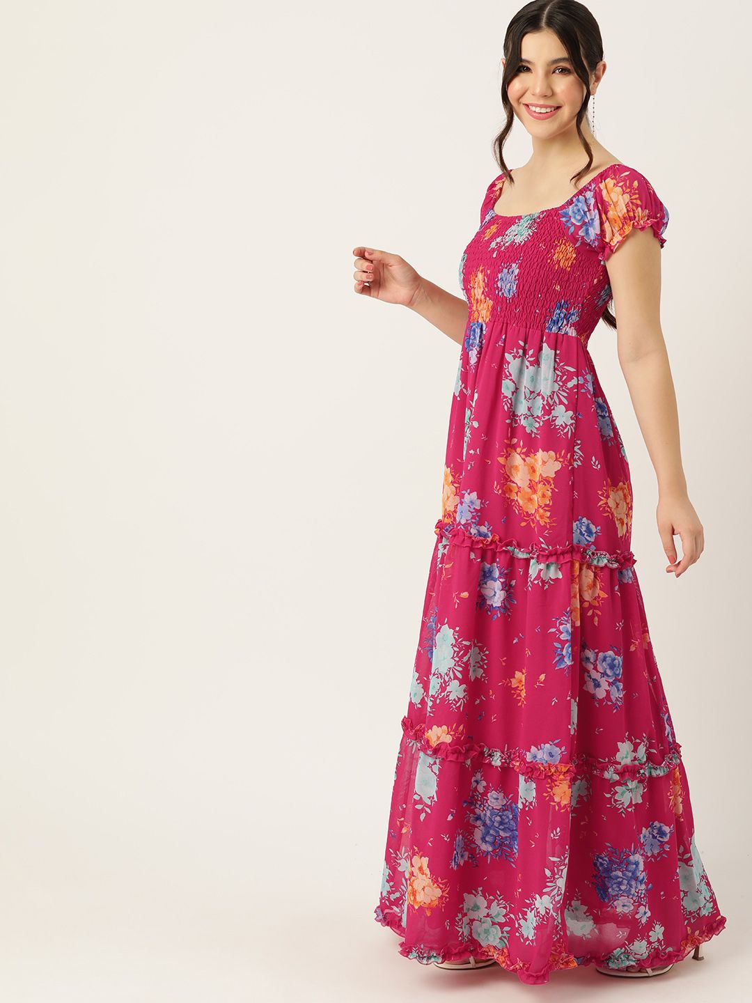 DressBerry Floral Print Smocked Tiered Maxi Dress