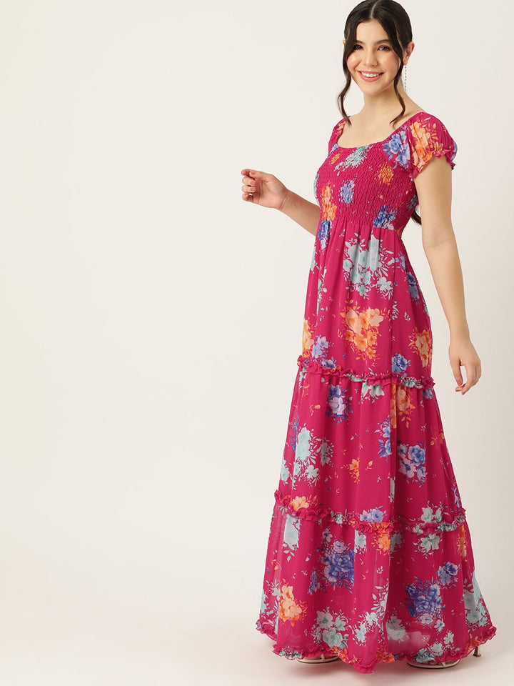 DressBerry Floral Print Smocked Tiered Maxi Dress