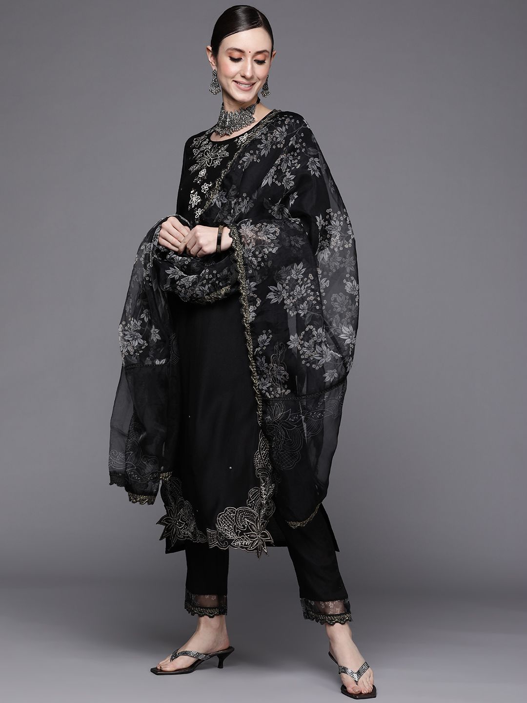 Indo Era Women Black Floral Embroidered Beads Kurta with Trousers & Dupatta