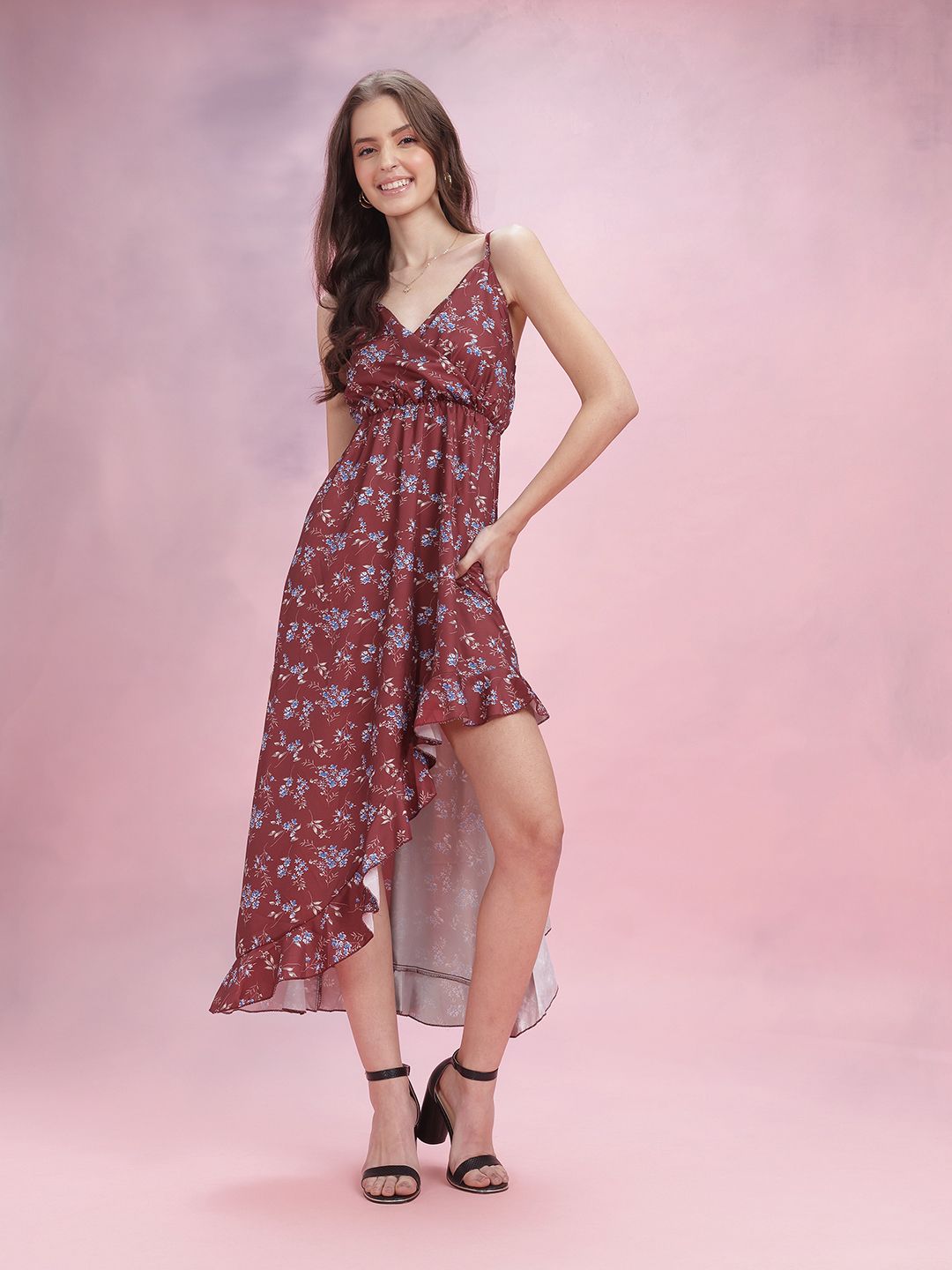 DressBerry Ruffled Floral Print Fit & Flare Midi Dress