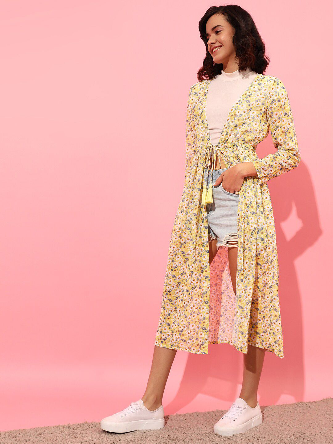 STREET 9 Women Printed Longline Tie-Up Shrug