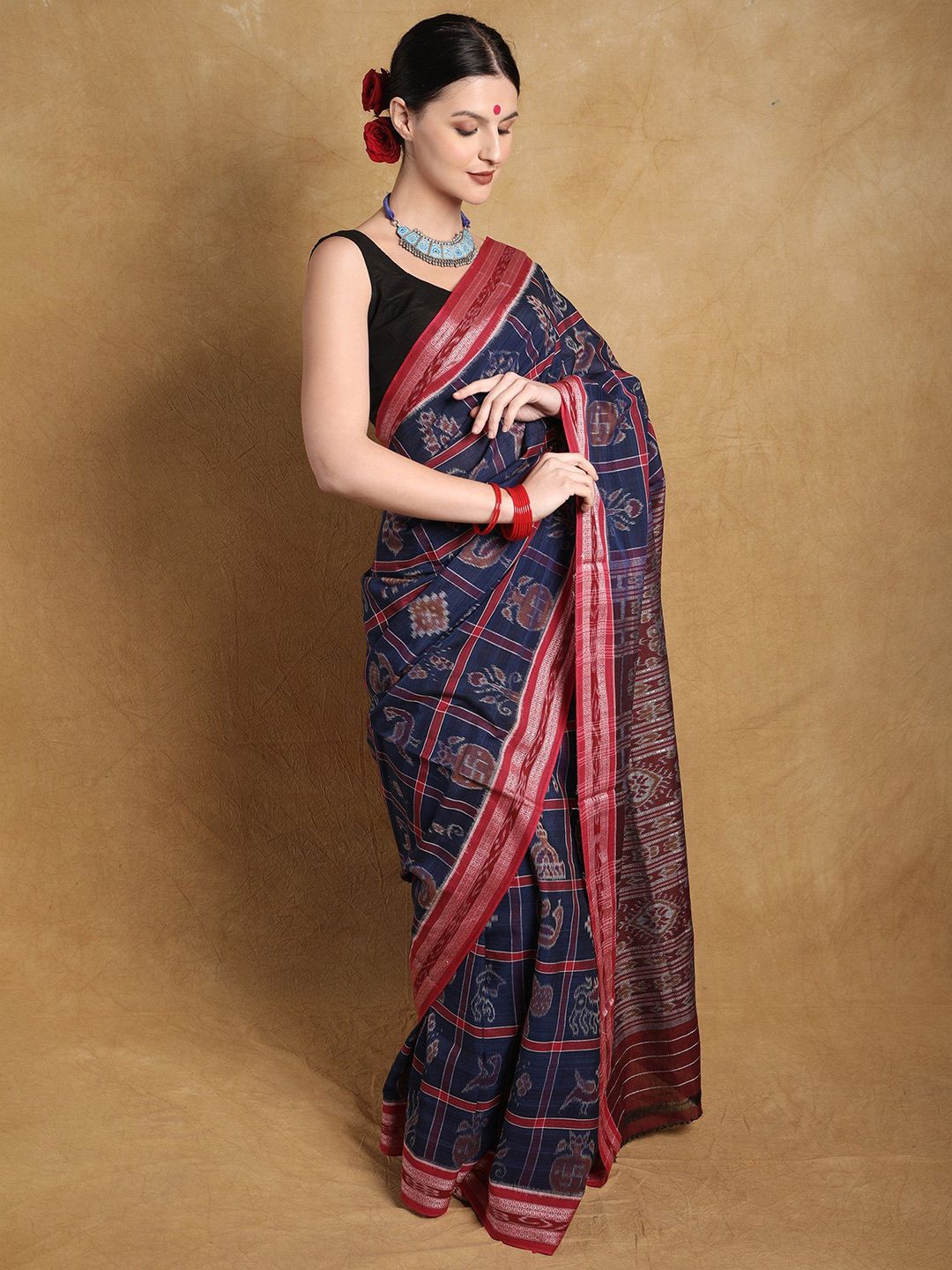 Exotic India Patriot Blue Pure Cotton Ikat Sambalpuri Saree with Rudraksha Border