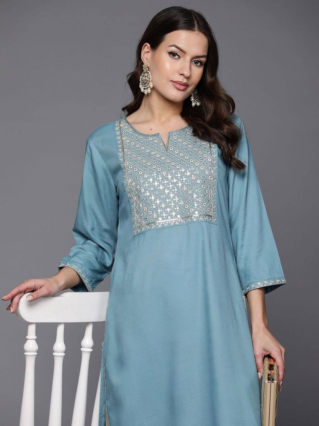 Indo Era Geometric Embroidered Mirror Work Straight Kurta