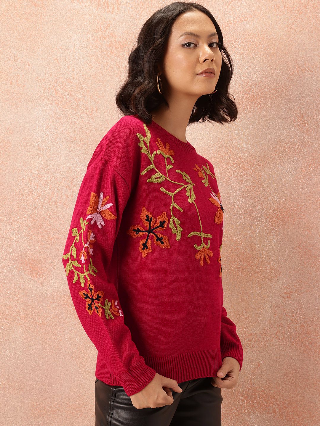 all about you Floral Embroidered Pure Acrylic Pullover