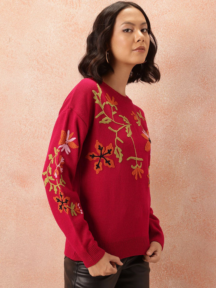 all about you Floral Embroidered Pure Acrylic Pullover
