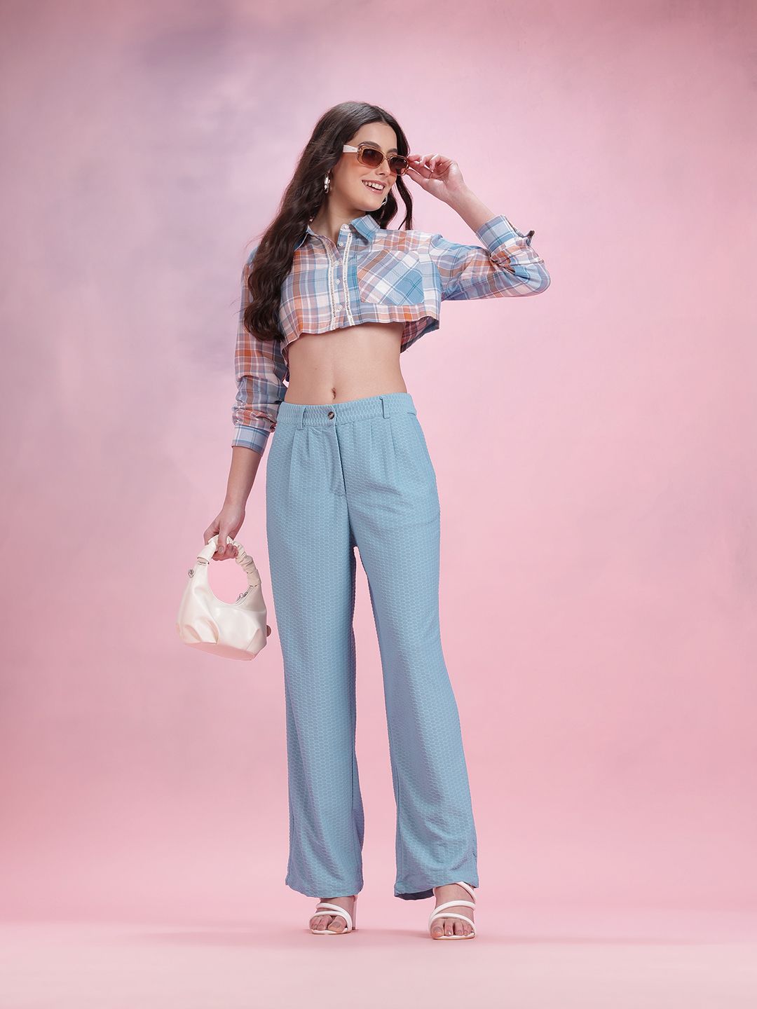 DressBerry Women Geometric Textured Pleated Detail Flared Fit Wide Leg Trousers