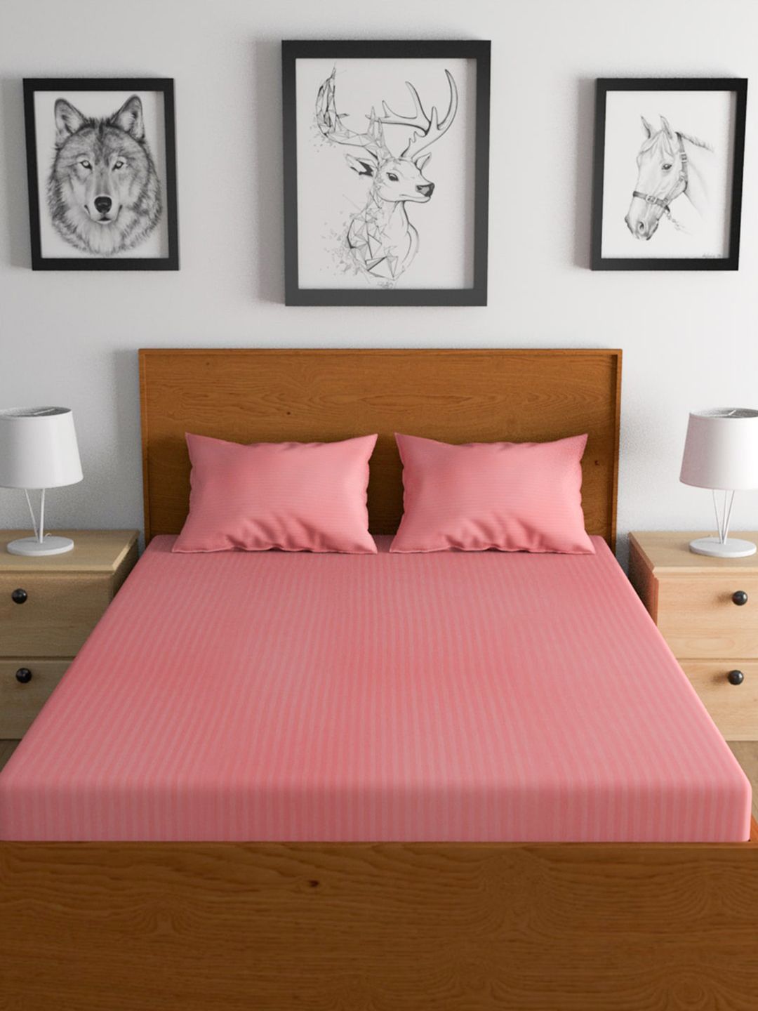 TEAL BY CHUMBAK Rose Gold Striped Satin 210 TC Queen Bedsheet with 2 Pillow Covers