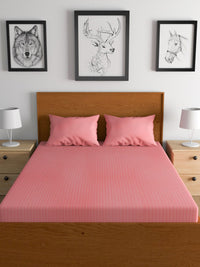 TEAL BY CHUMBAK Rose Gold Striped Satin 210 TC Queen Bedsheet with 2 Pillow Covers