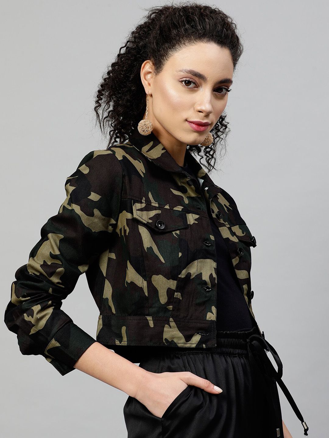 STREET 9 Women Black Printed Lightweight Pure Cotton Tailored Jacket