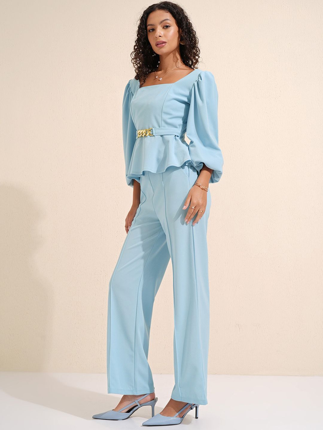 CHIC BY TOKYO TALKIES Blue Square Neck Puff Sleeves Peplum Top With Trousers